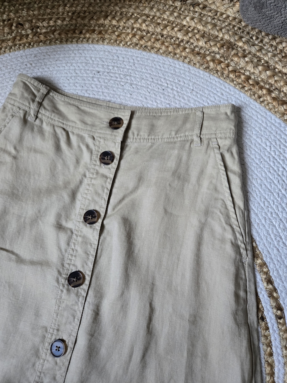 Part Two Linen High-Waist A-Line Cream Button-Front Midi Summer Skirt - Picture 3 of 12